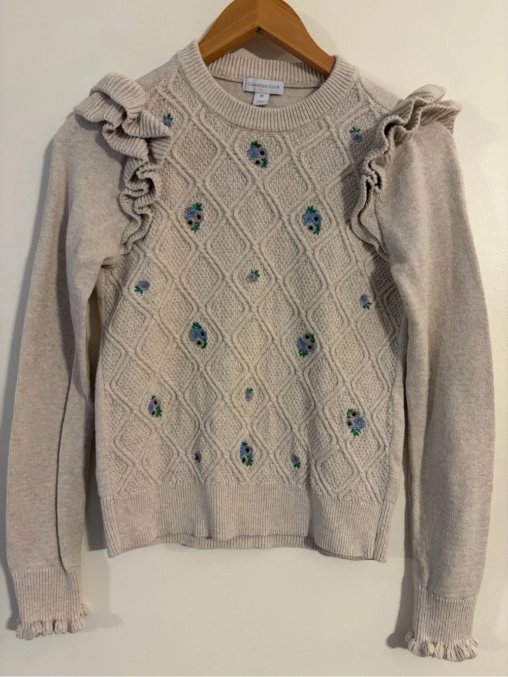 Charter Club Cream Ruffle Cable-Knit Sweater with Floral Embroidery